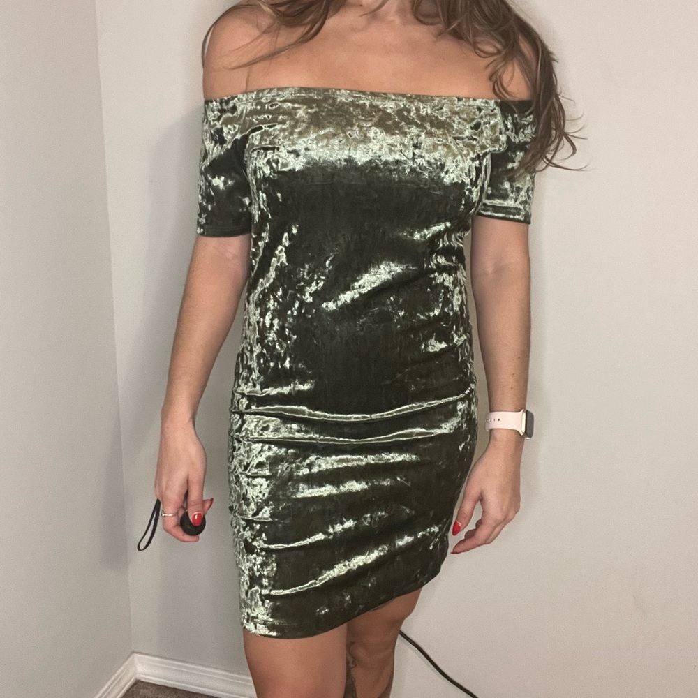 Green crushed velvet off the shoulder dress
